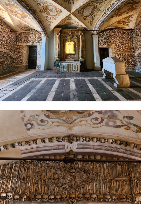 The ornate interior of Evora's Chapel of Bones