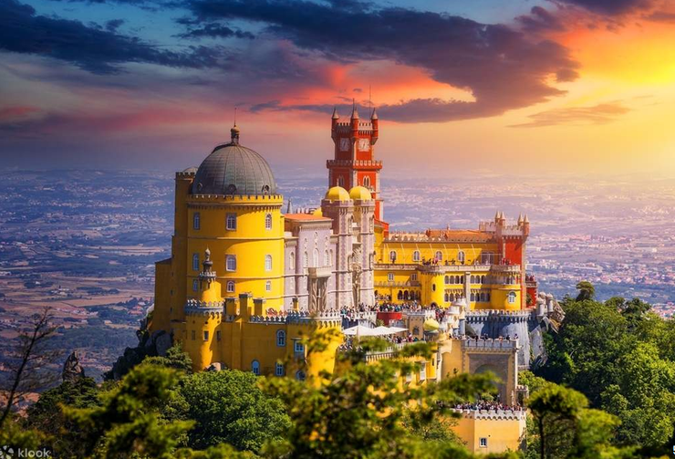 The colourful Pena Palace in Sintra at sunset